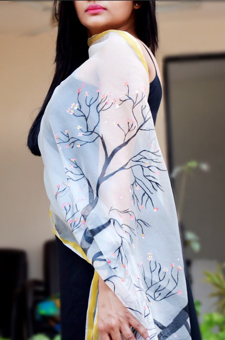 White organza Floral Handpainted Stole