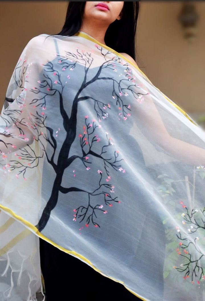White organza Floral Handpainted Stole