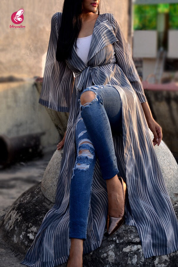 Grey Printed Georgette Long Shrug