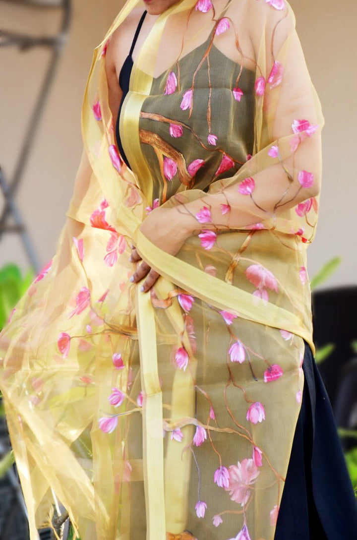Golden Organza Hand Painted Floral Stole