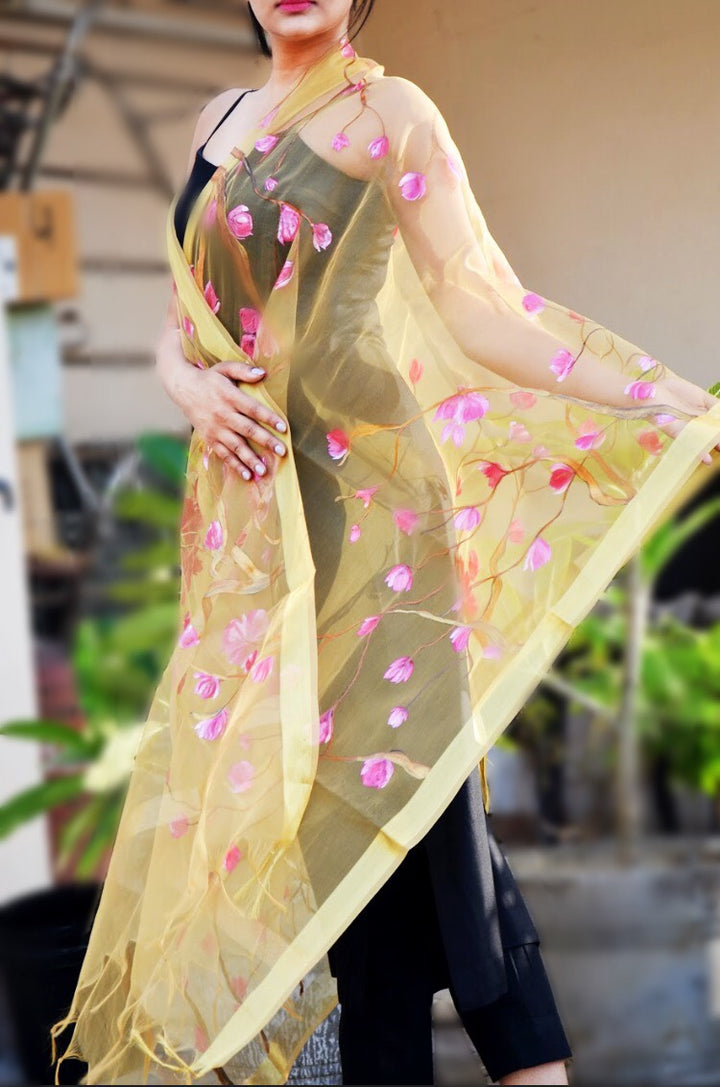 Golden Organza Hand Painted Floral Stole