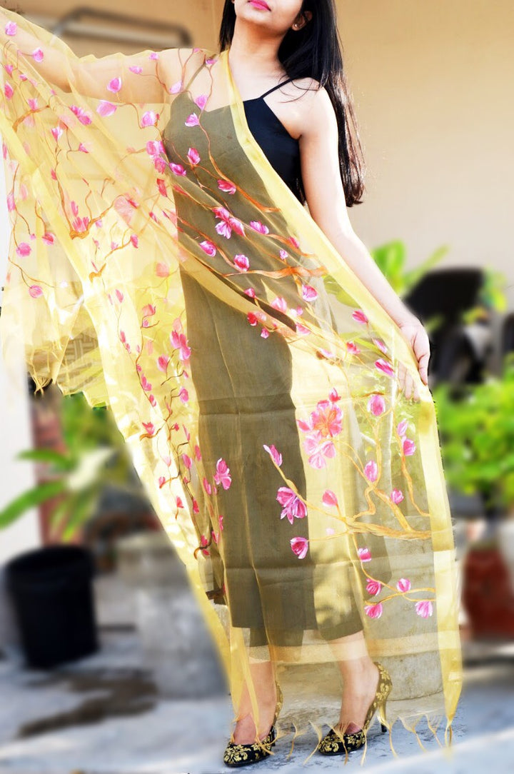 Golden Organza Hand Painted Floral Stole