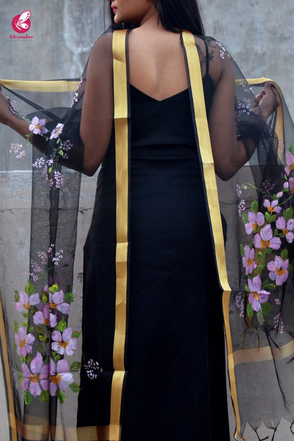 Black Organza Handpainted Floral stole