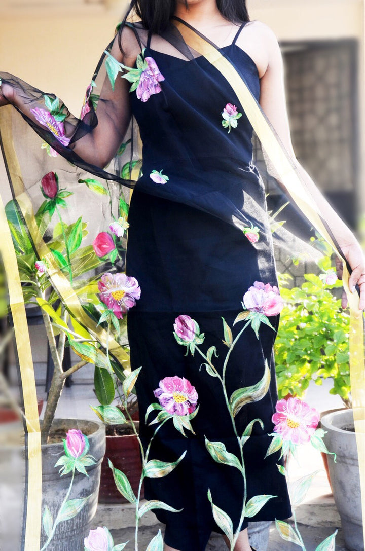 Black Organza Floral Hand Painted Stole