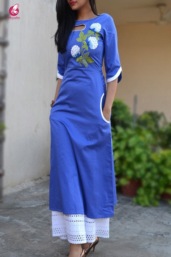 Blue Sarton Lycra Embroidered A-Line Kurti
