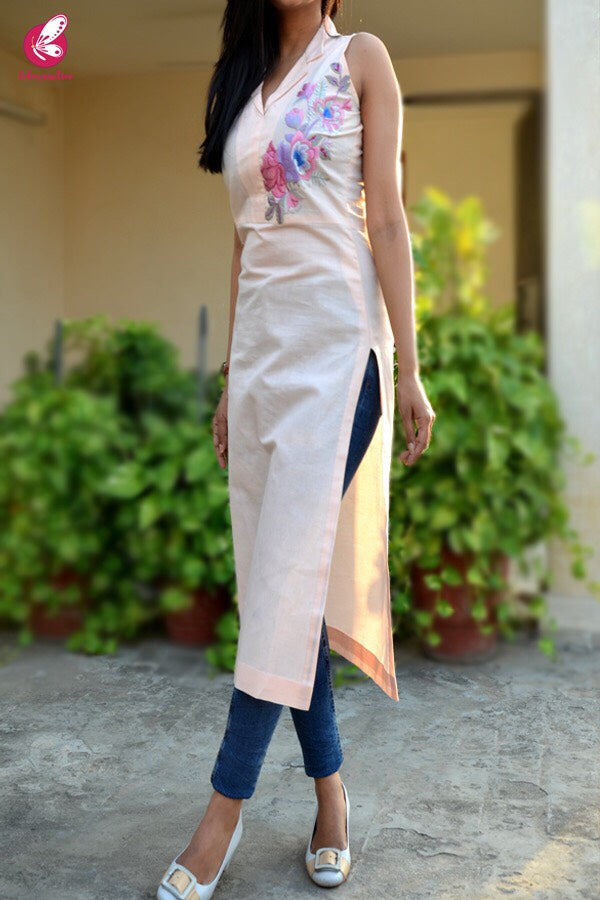 Peach Pure Linen Embroidered Kurti