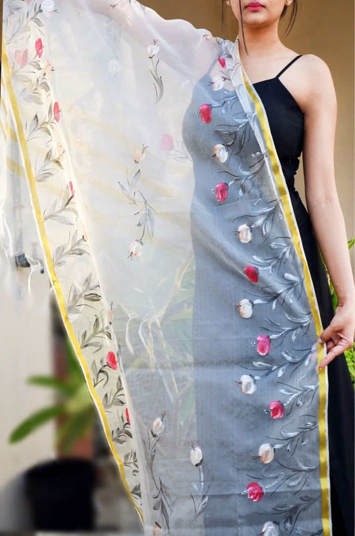 White organza Floral Handpainted Stole