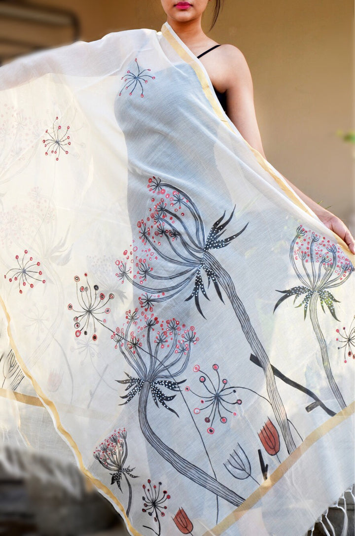 Off White Organza Hand painted Stole