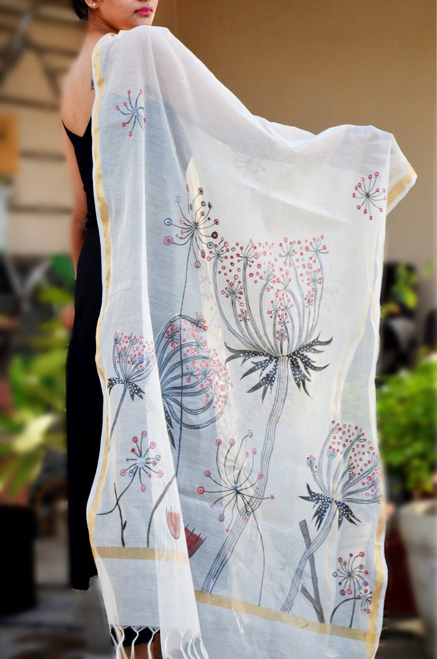 Off White Organza Hand painted Stole