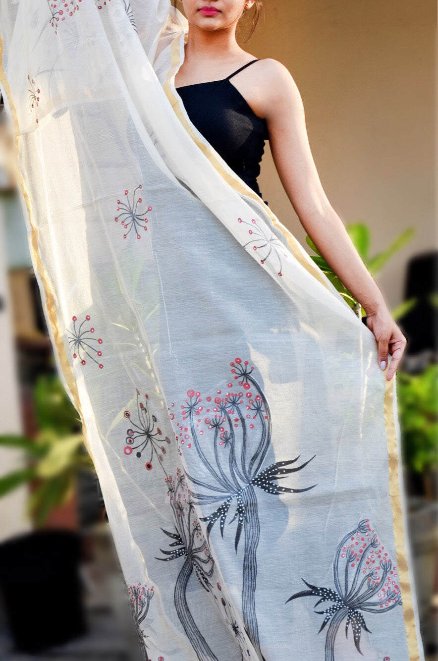 Off White Organza Hand painted Stole