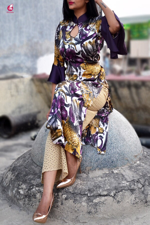 Purple Satin Printed Quarter Sleeves Kurti