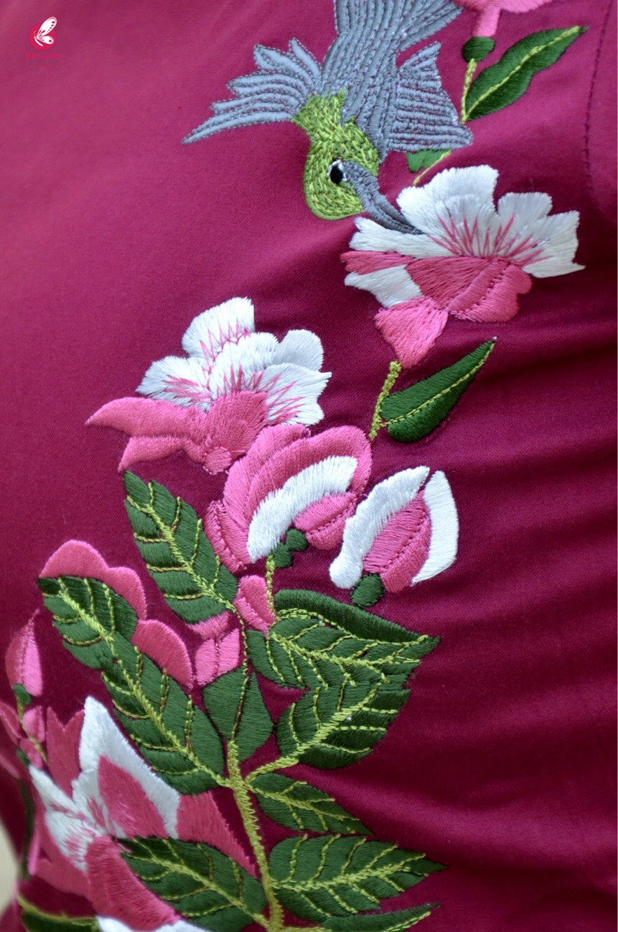Wine Sarton Lycra Embroidered A-Line Kurti