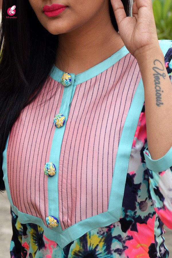 Pastel Blue Crepe Printed Straight Kurti