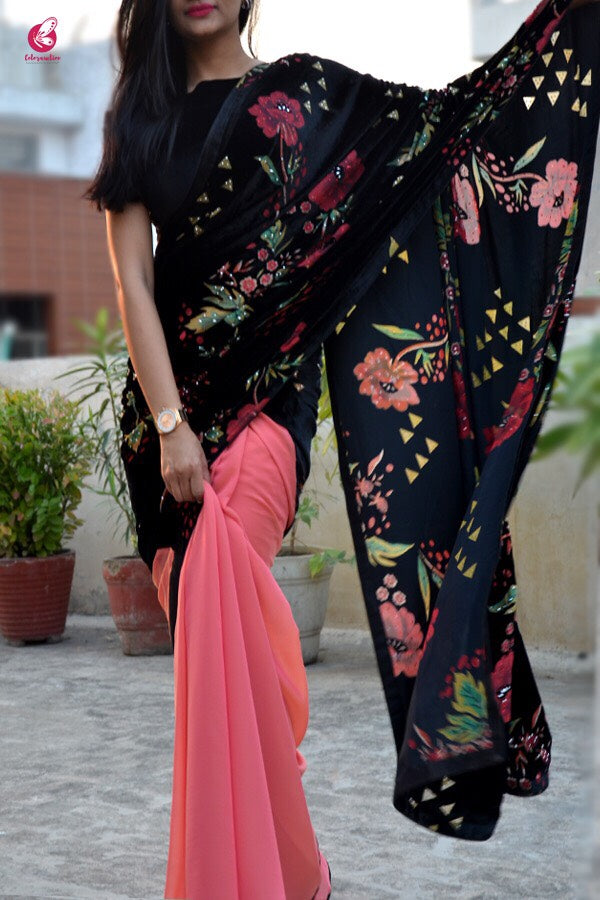Embellished Half and Half Georgette Velvet Saree