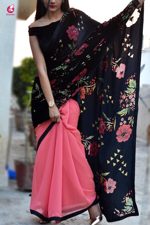 Embellished Half and Half Georgette Velvet Saree