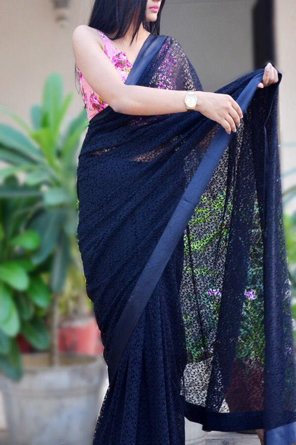 Black Floral Chandelier Net Border Saree