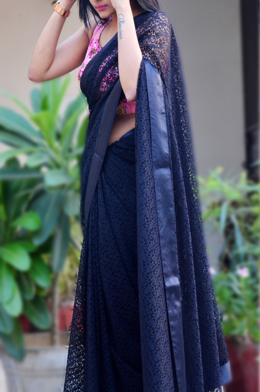 Black Floral Chandelier Net Border Saree