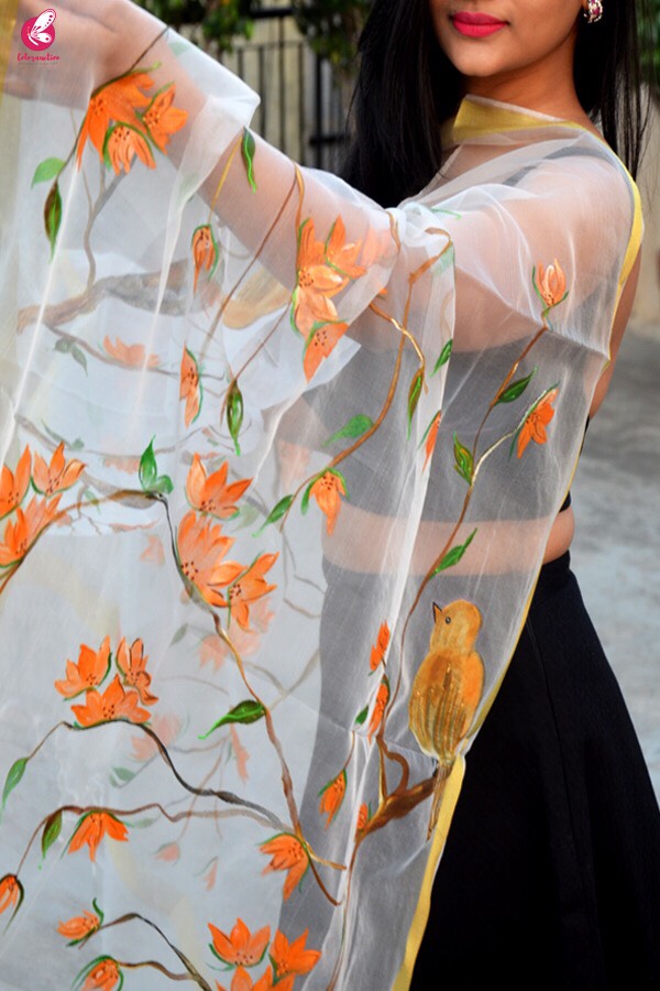 White Organza Handpainted Floral Stole