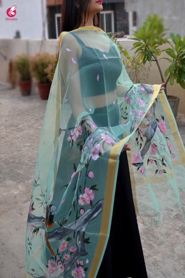 Pista Green Handpainted Floral Dupatta