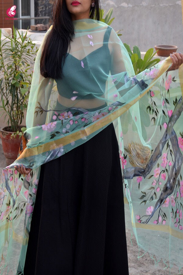 Pista Green Handpainted Floral Dupatta