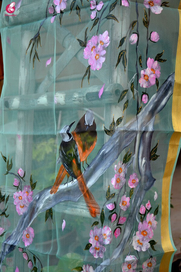 Pista Green Handpainted Floral Dupatta
