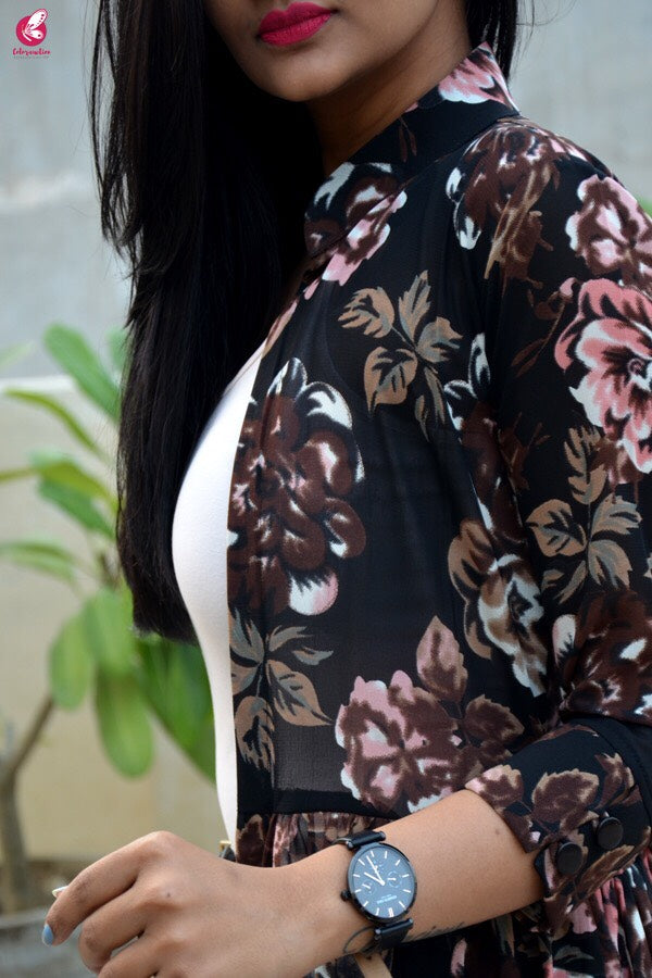 Black Multicolor Georgette Floral Long Shrug