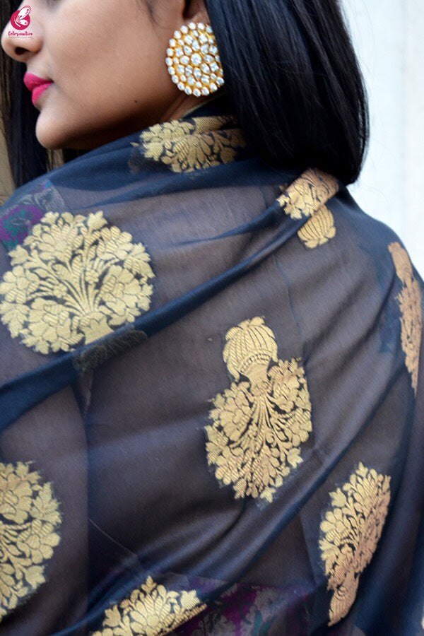Black Chanderi Zari Woven Dupatta
