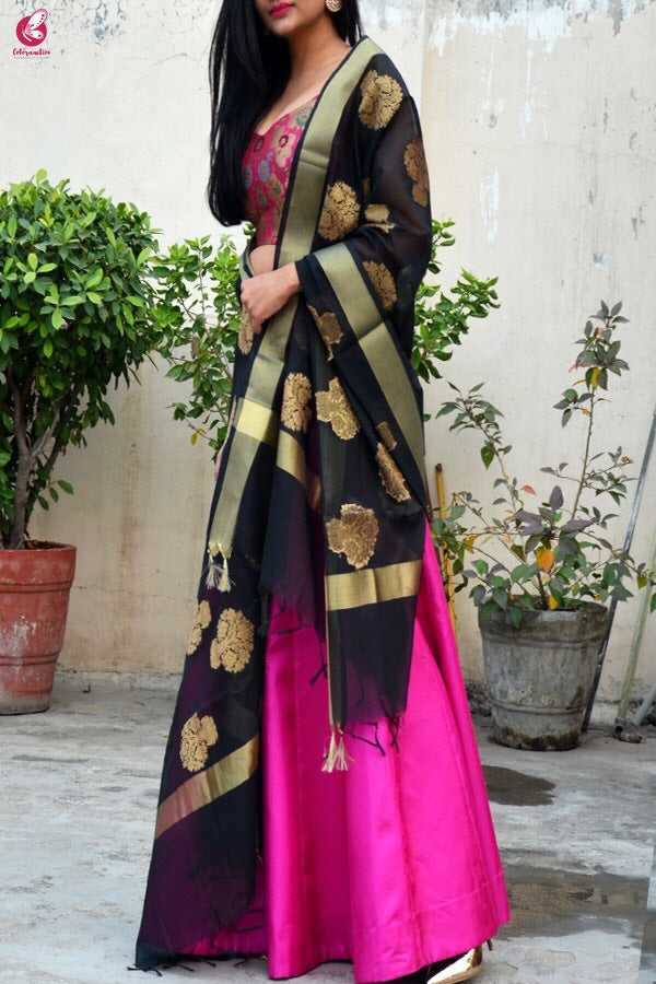 Black Chanderi Zari Woven Dupatta