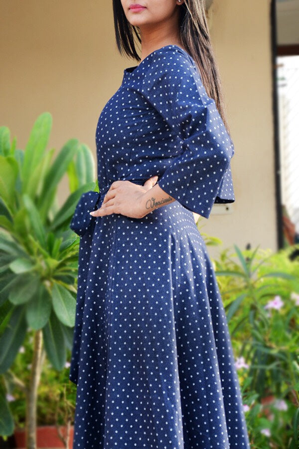Blue Printed Denim Waist Belt Midi Dress