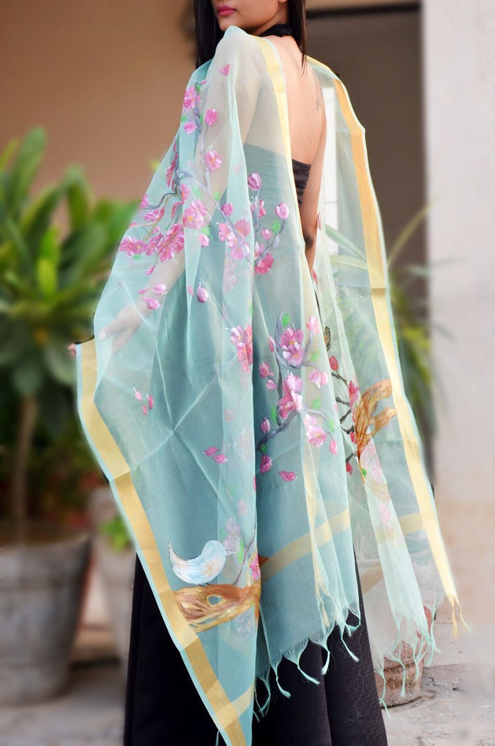 Pista Green Organza Floral Stole