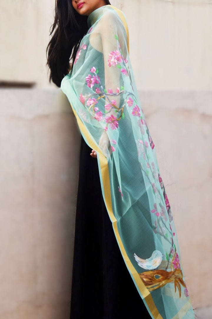 Pista Green Organza Floral Stole