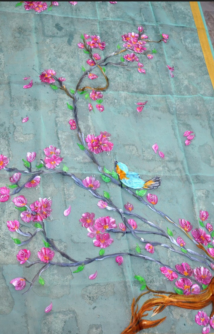 Pista Green Organza Floral Stole