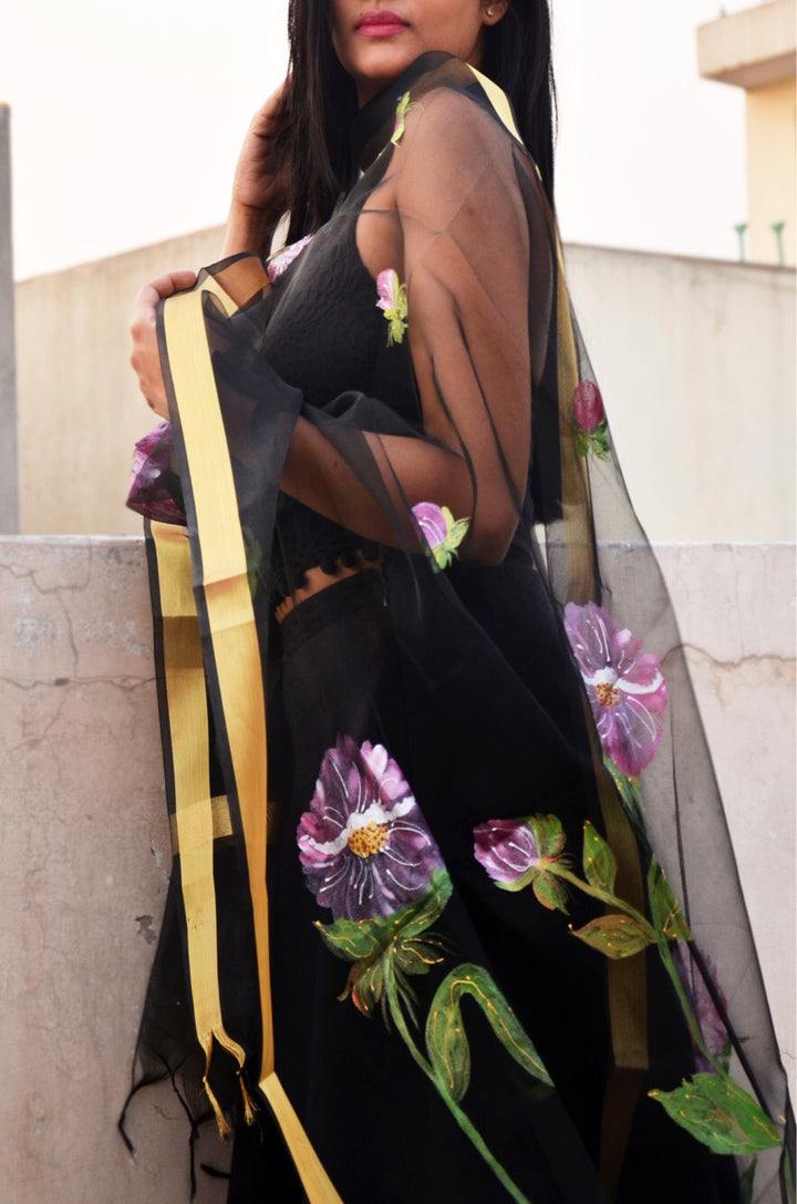 Black Organza Floral Hand Painted Stole