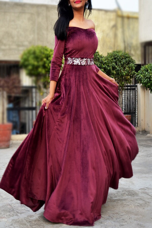 Wine Velvet off Shoulder Padded Gown