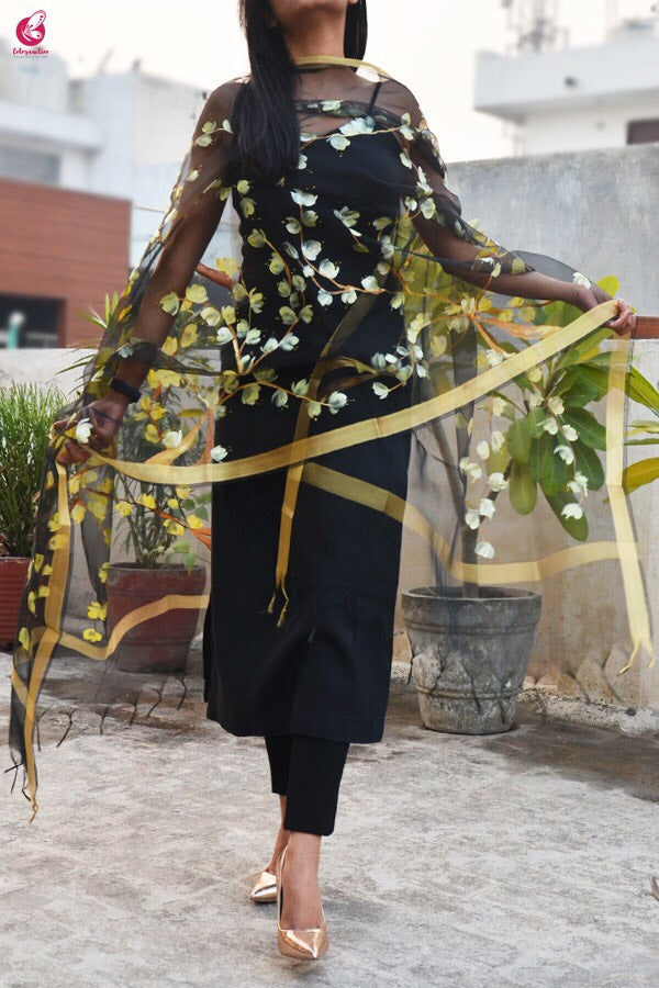 Black Organza Floral Handpainted Stole