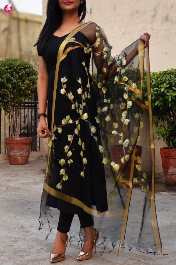 Black Organza Floral Handpainted Stole