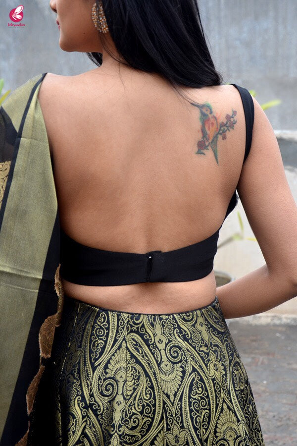 Black Brocade Lehenga with Padded Crepe Blouse and Chanderi Stole