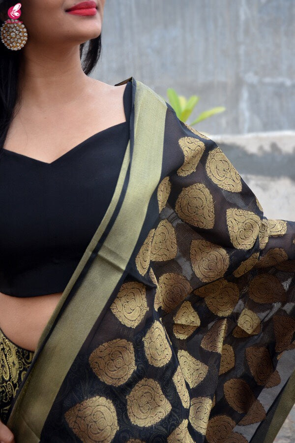 Black Brocade Lehenga with Padded Crepe Blouse and Chanderi Stole