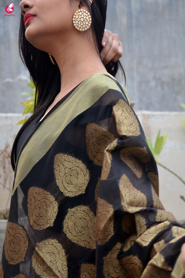 Black Brocade Lehenga with Padded Crepe Blouse and Chanderi Stole
