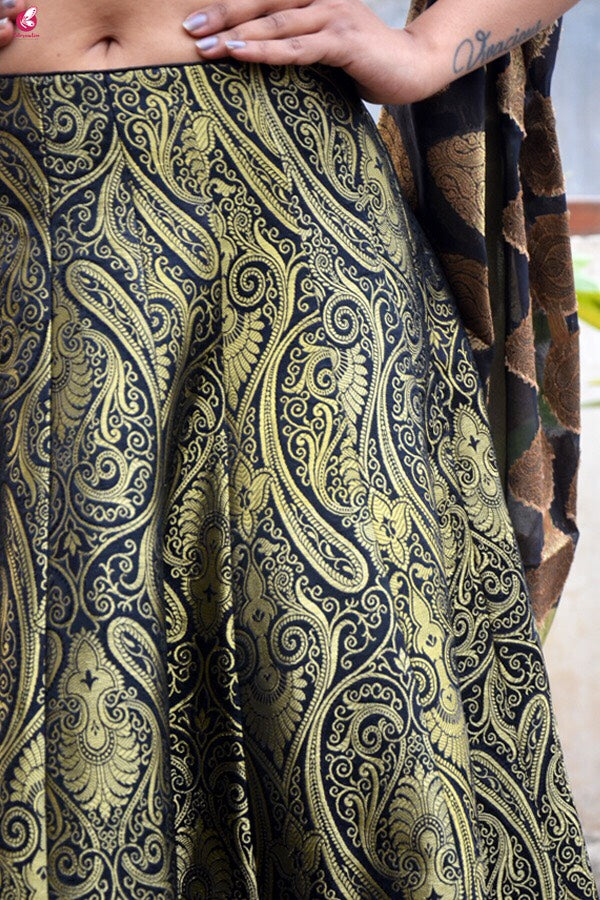 Black Brocade Lehenga with Padded Crepe Blouse and Chanderi Stole