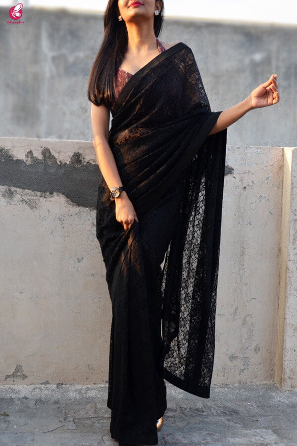 Black Chandelier Floral Net Saree