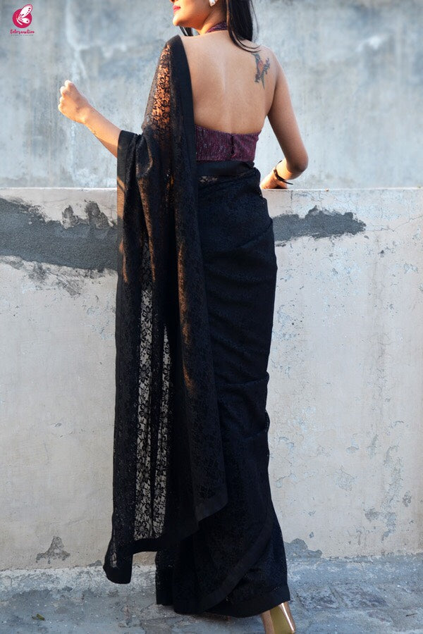 Black Chandelier Floral Net Saree