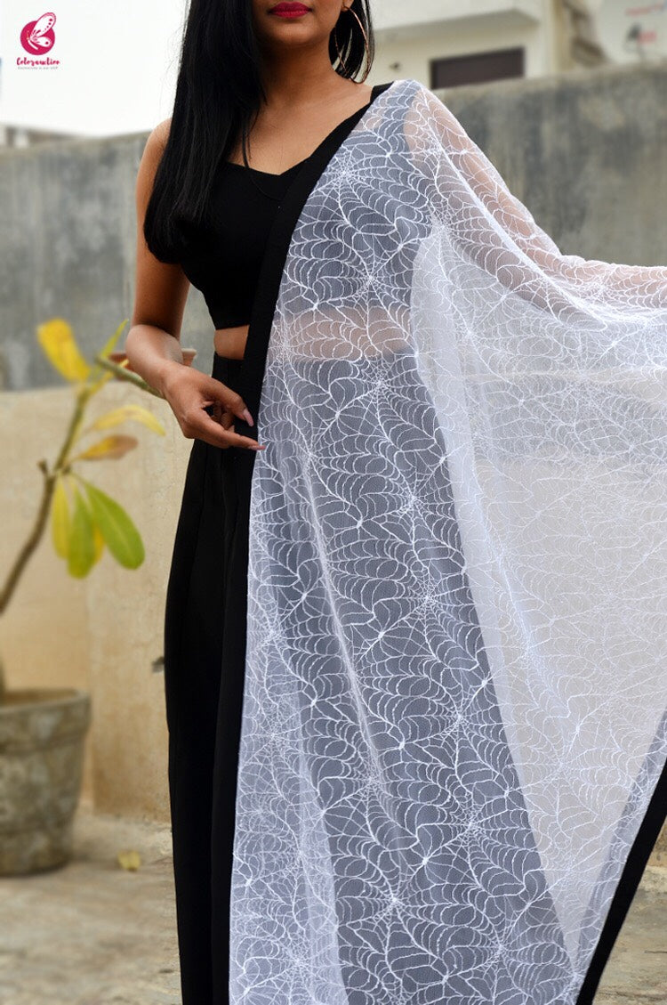 White Spider Web Net Black Taping Stole
