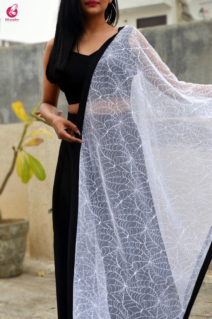 White Spider Web Net Black Taping Stole