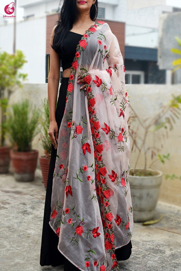 Peach Tissue Embroidered Dupatta