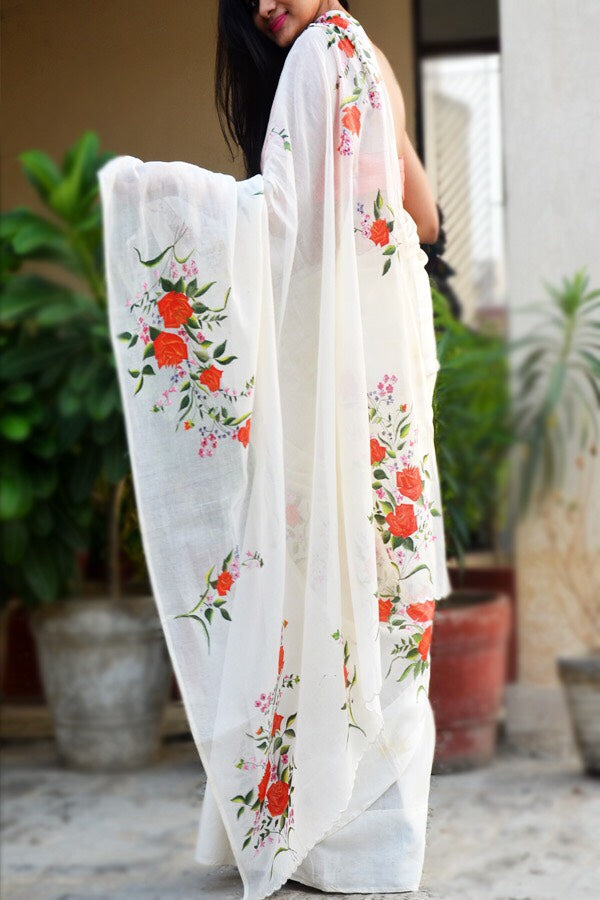 Off White Handpainted Floral Organdy Saree