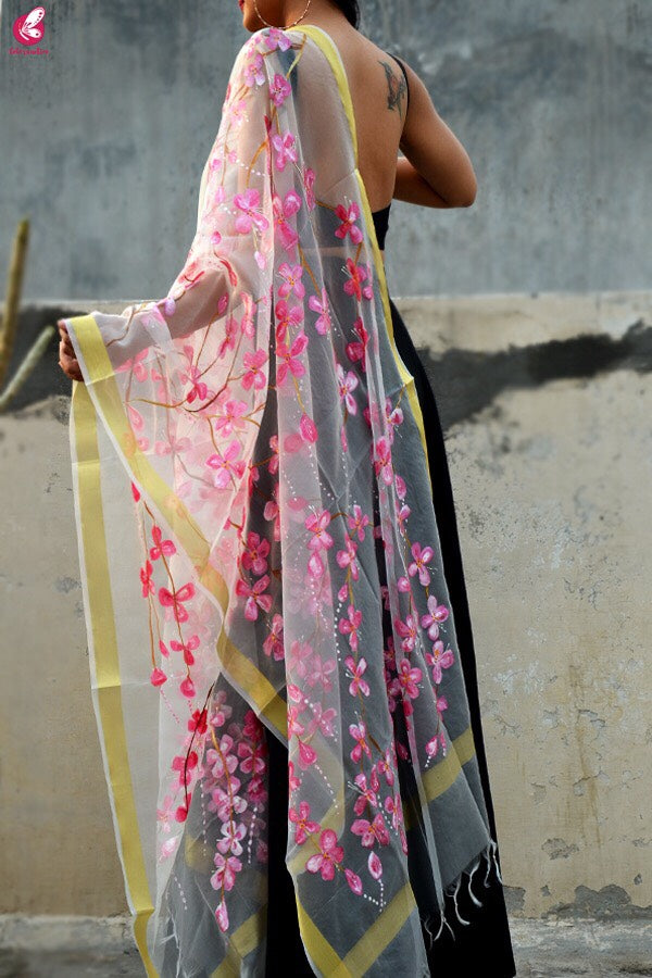 White Organza Handpainted  Floral Stole