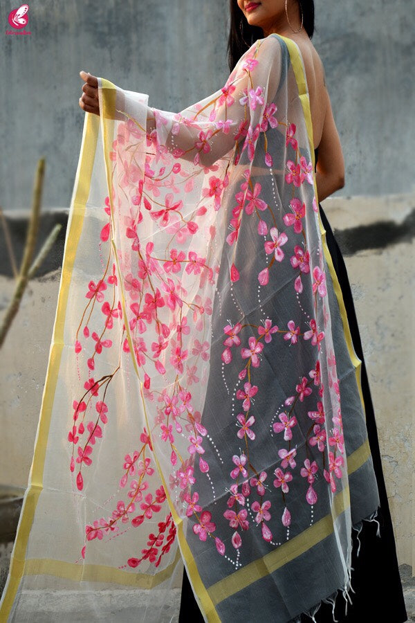 White Organza Handpainted  Floral Stole
