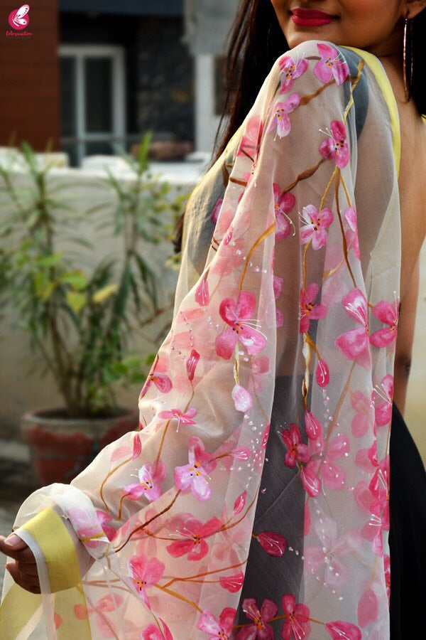 White Organza Handpainted  Floral Stole
