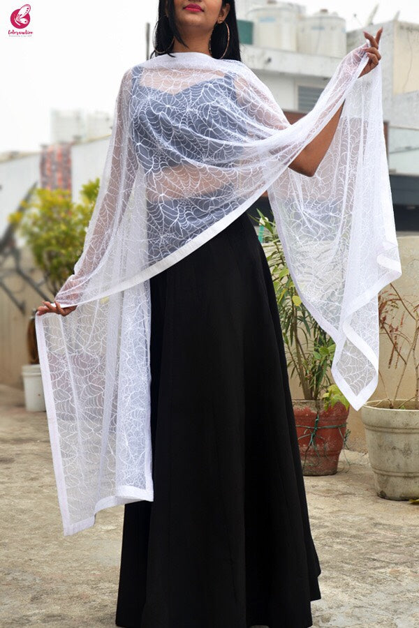 White Embroidered Spider Web Net Stole